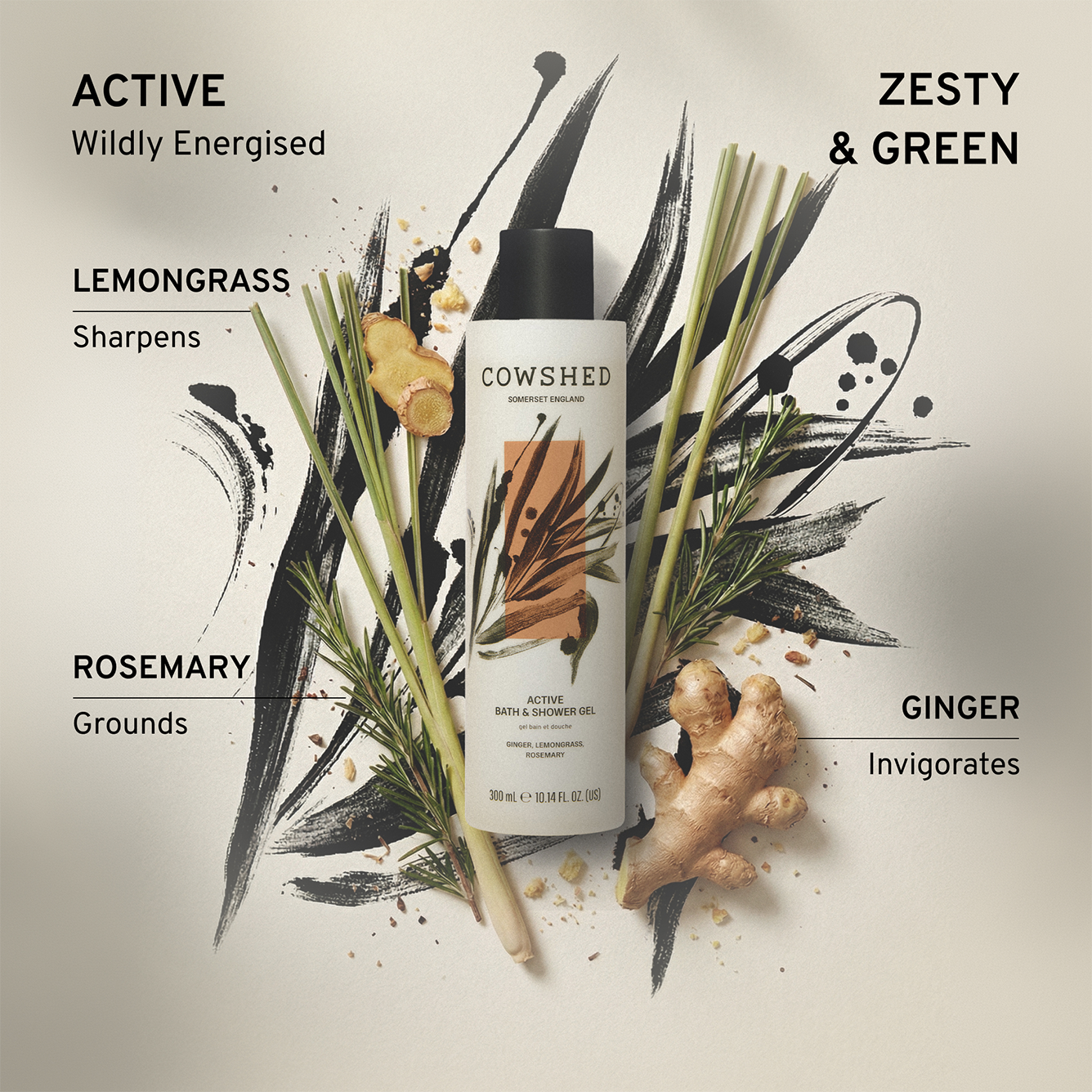 Cowshed Active bath & shower gel with lemongrass, rosemary, and ginger
