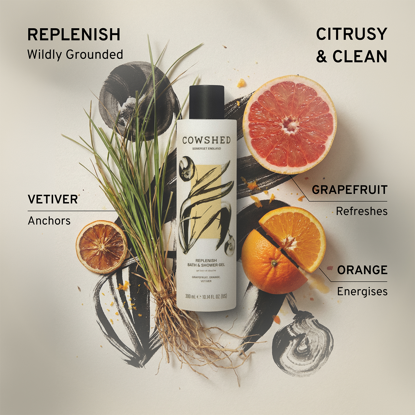 Cowshed Replenish shower gel image with vetiver, grapefruit, orange product and text describing its properties