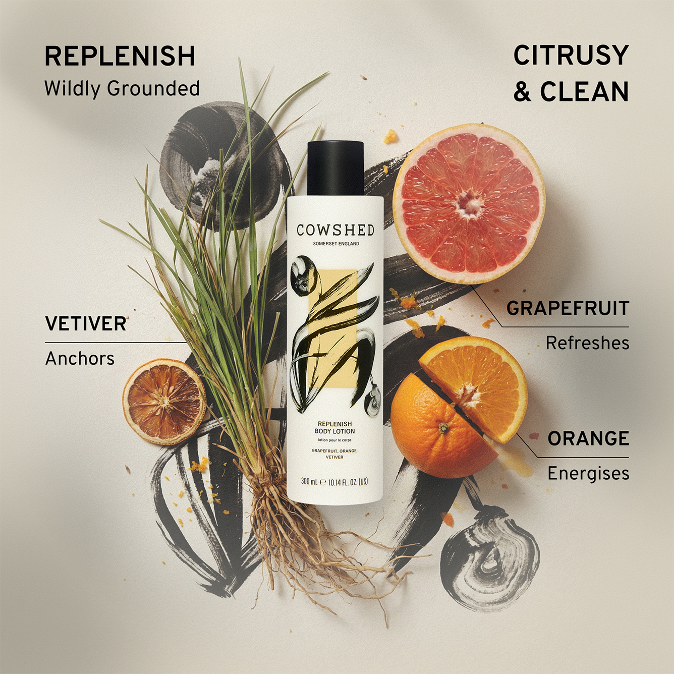 Cowshed replenish body lotion with botanical elements citrusy and clean, and text on a light background