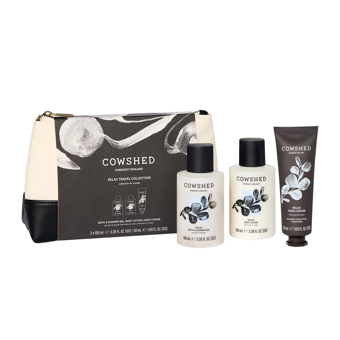 Cowshed Relax travel collection with toiletry bag, shower gel & lotion & hand cream