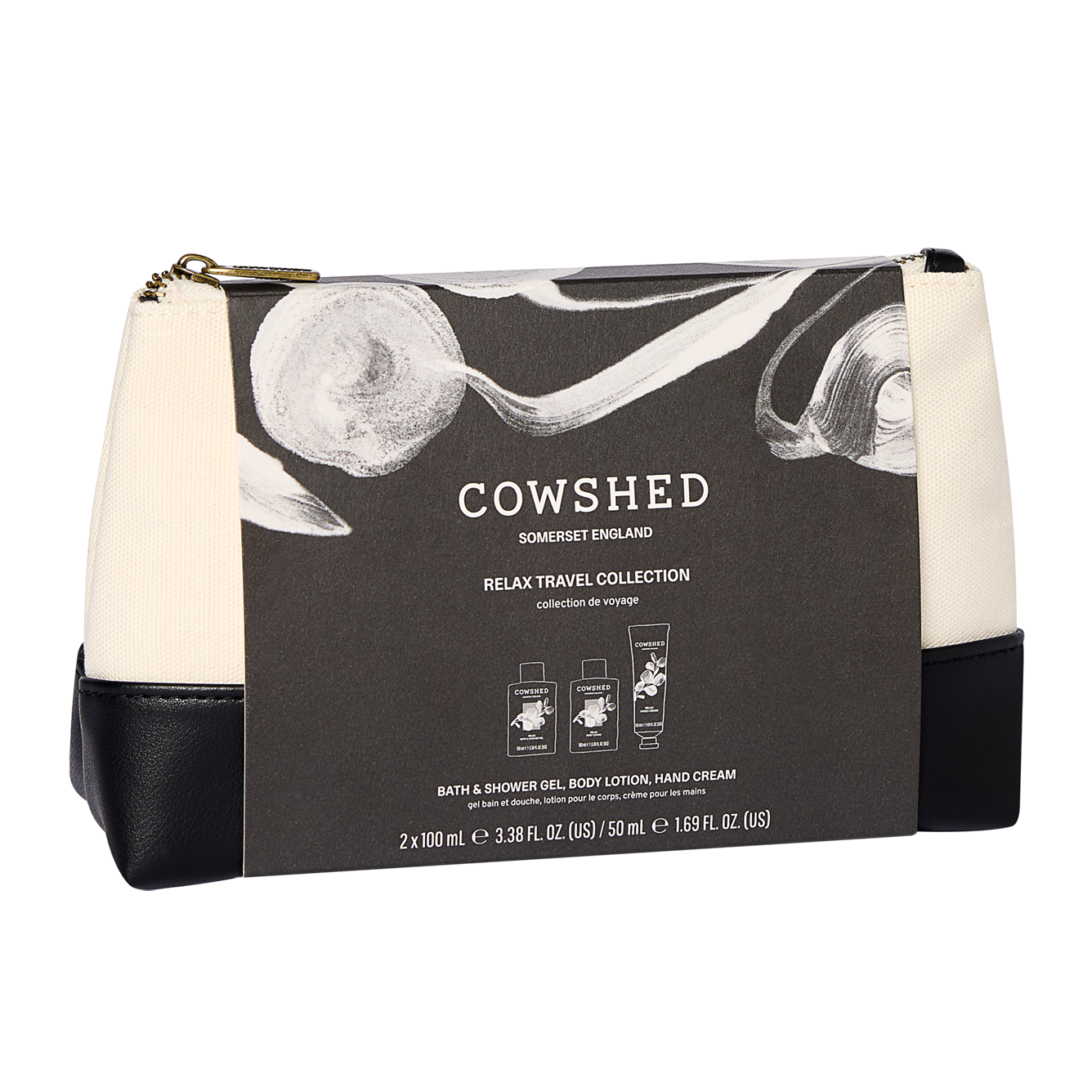 Cowshed travel collection pouch with black and white design