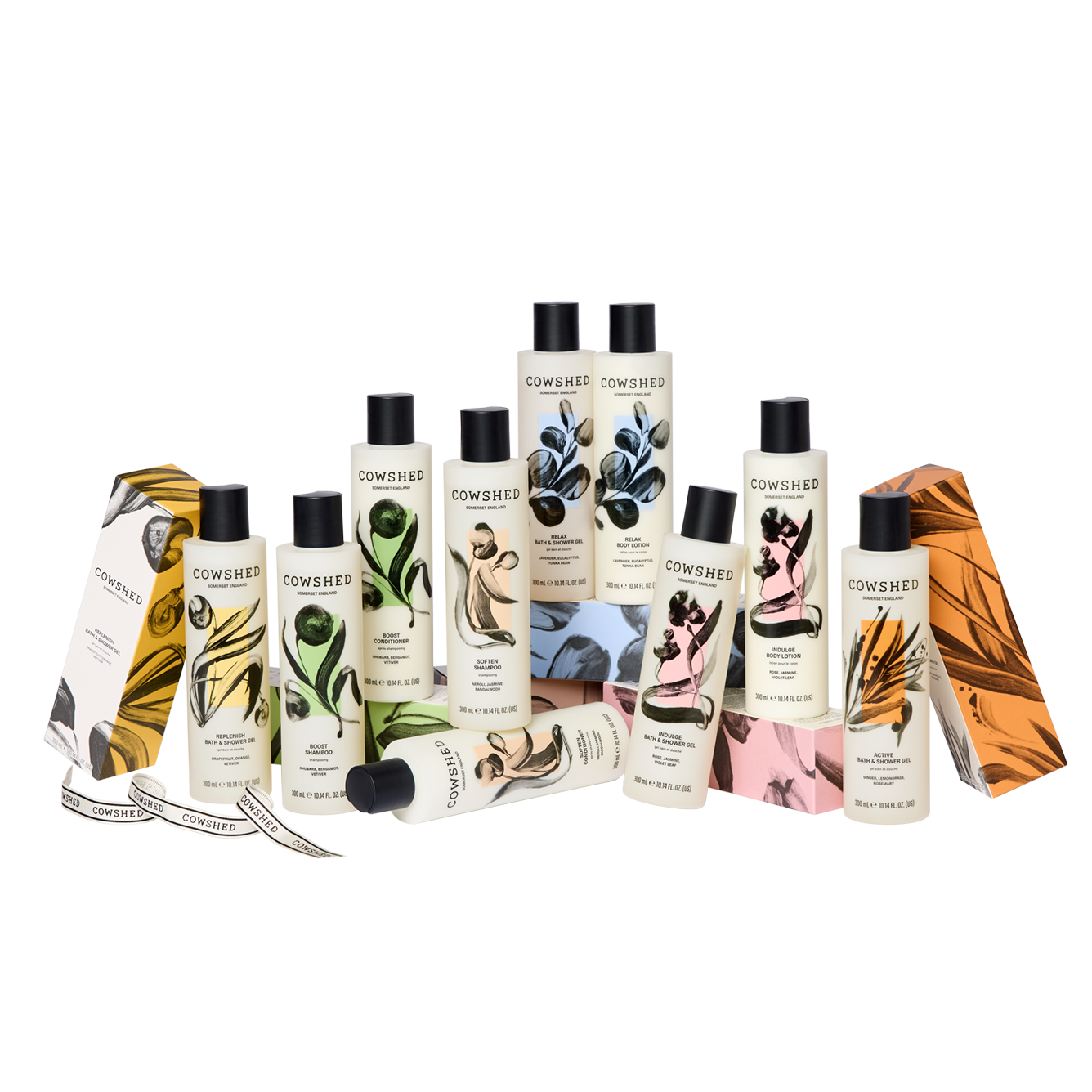 Collection of Cowshed skincare products on a white background