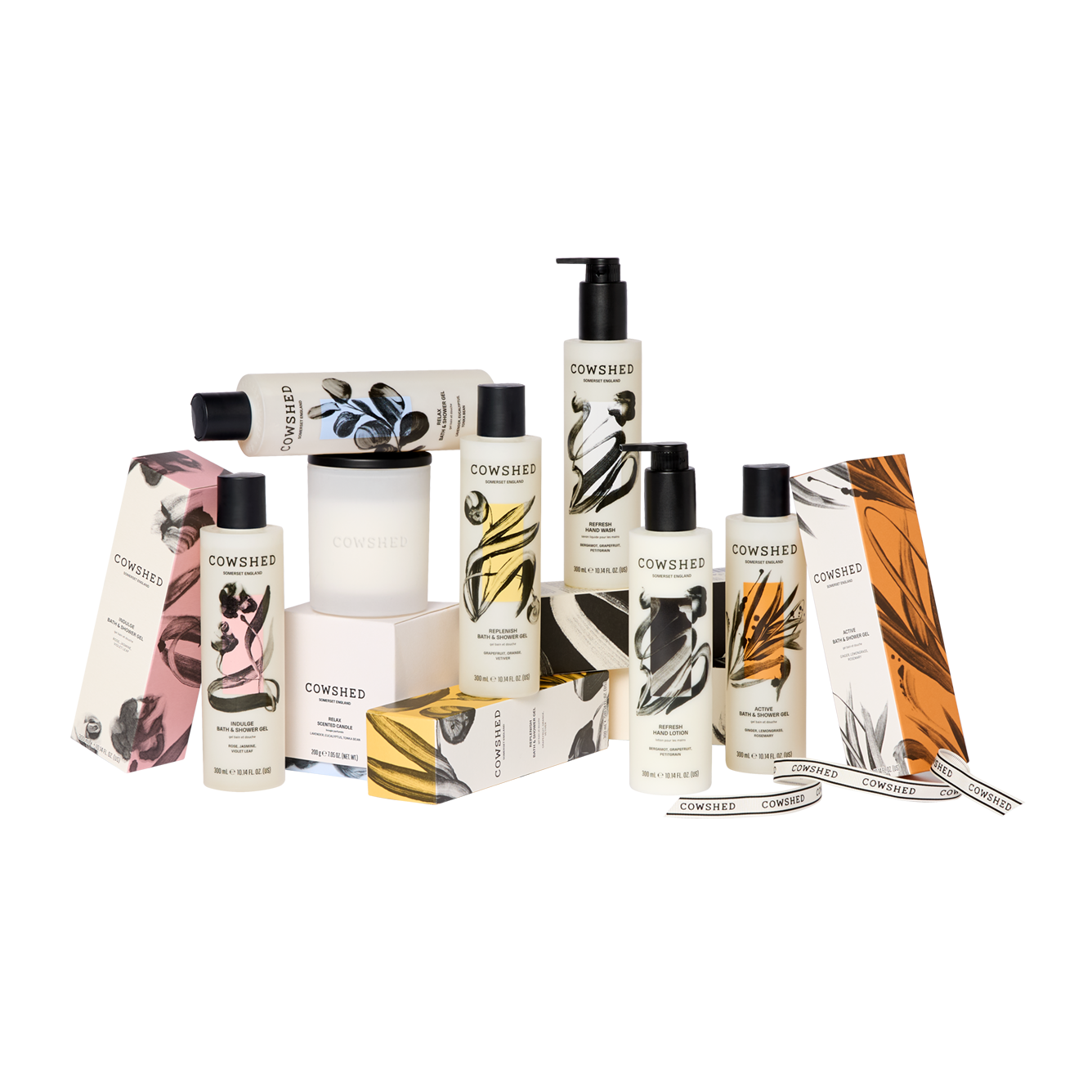 Collection of Cowshed skincare products on a white background