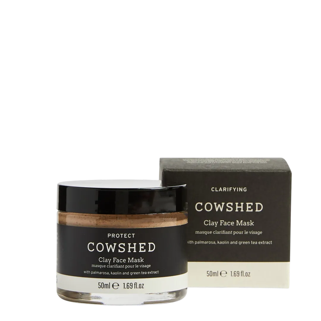Cowshed clay face mask jar and packaging on a white background