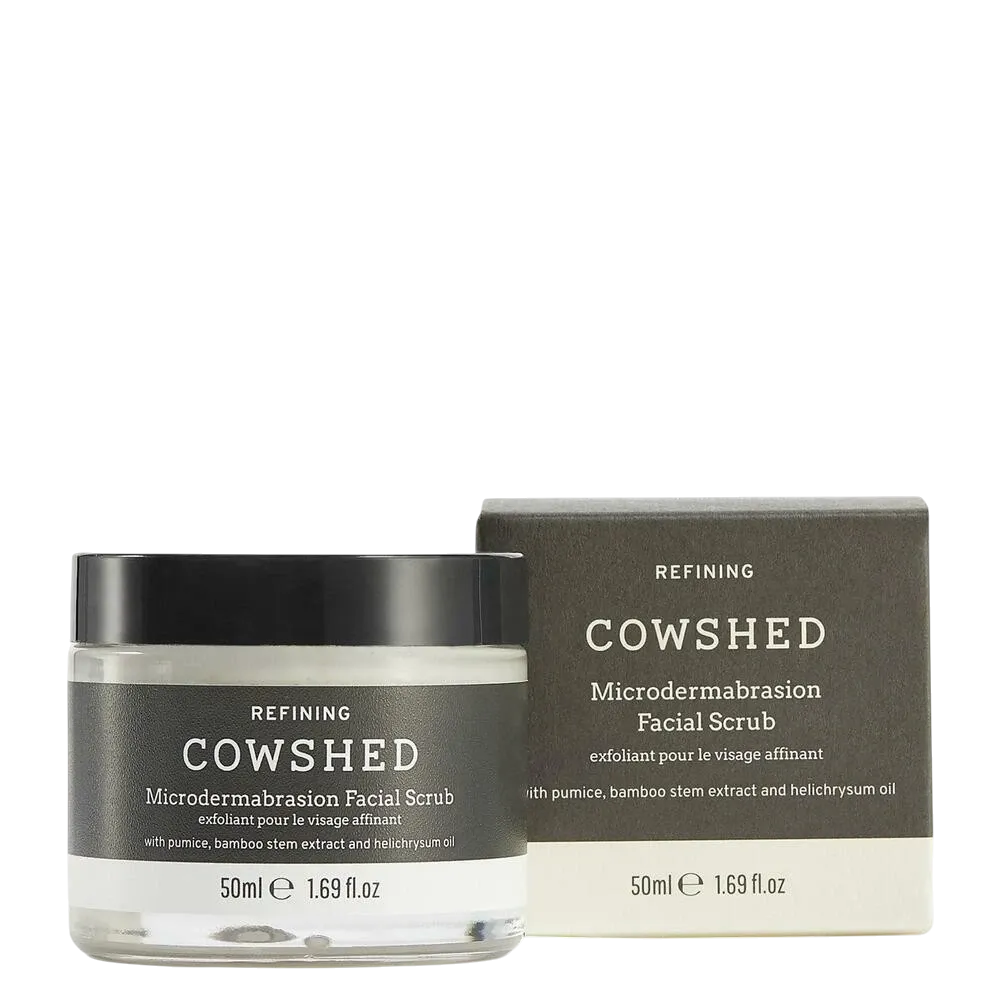 Cowshed microdermabrasion facial scrub jar and box on a white background
