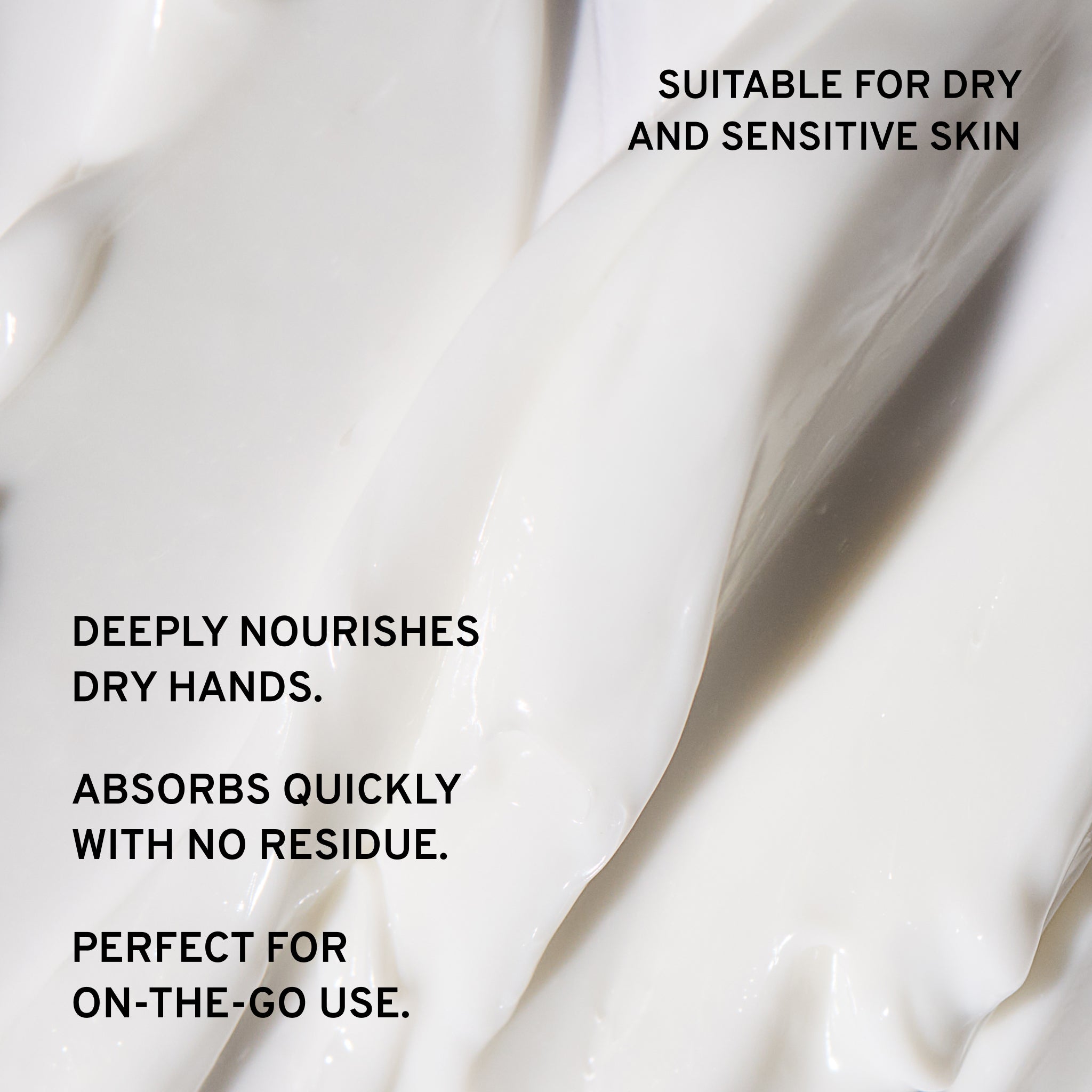 Close-up of hand cream texture with text highlighting benefits for dry & sensitive skin.