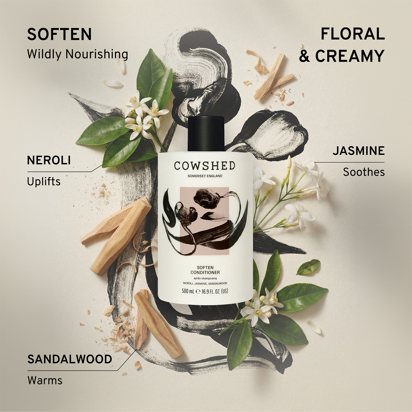 Cowshed 500ml conditioner bottle with floral & botanical elements fragrance notes