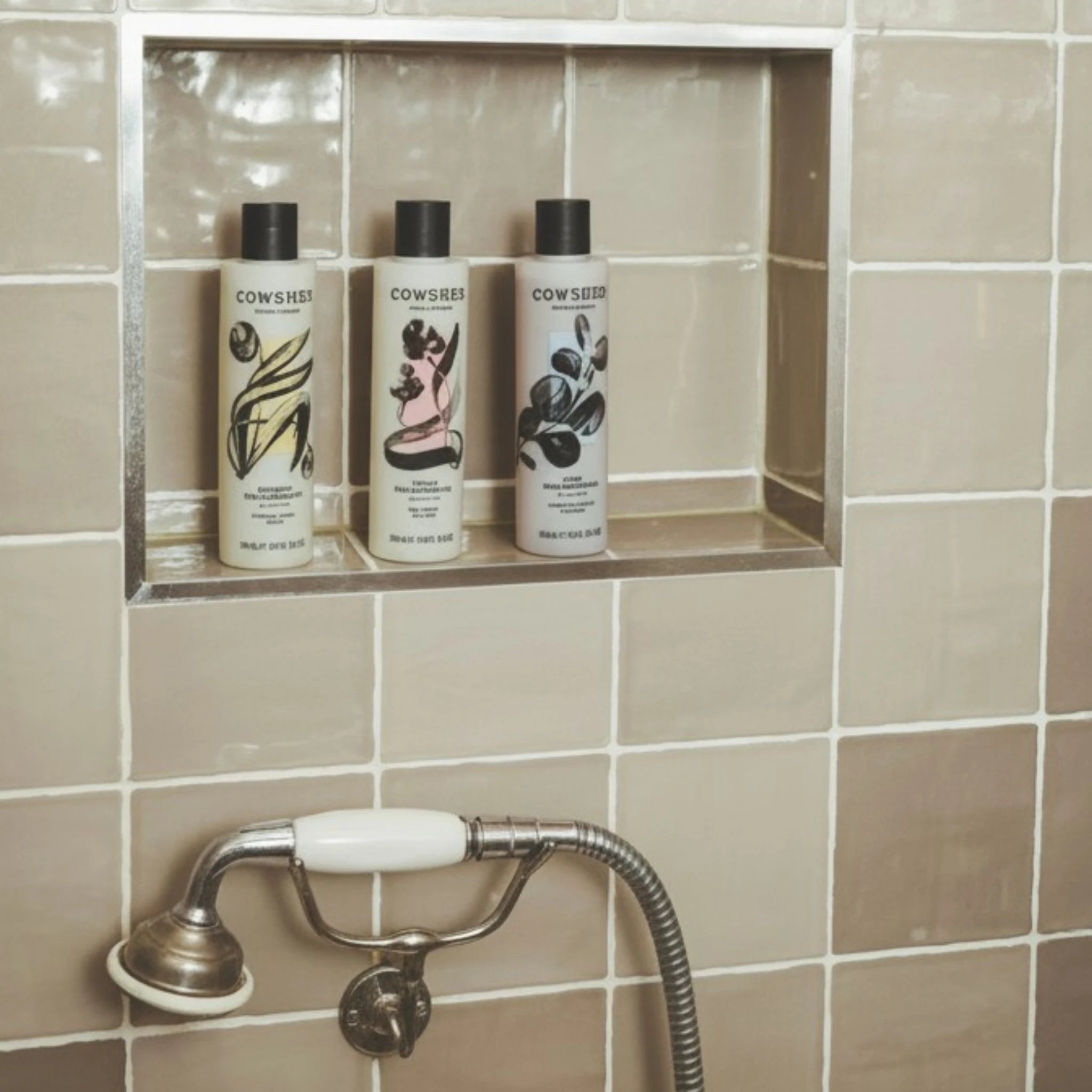 Three bottles of Cowshed products on a tiled wall shelf above a shower head.