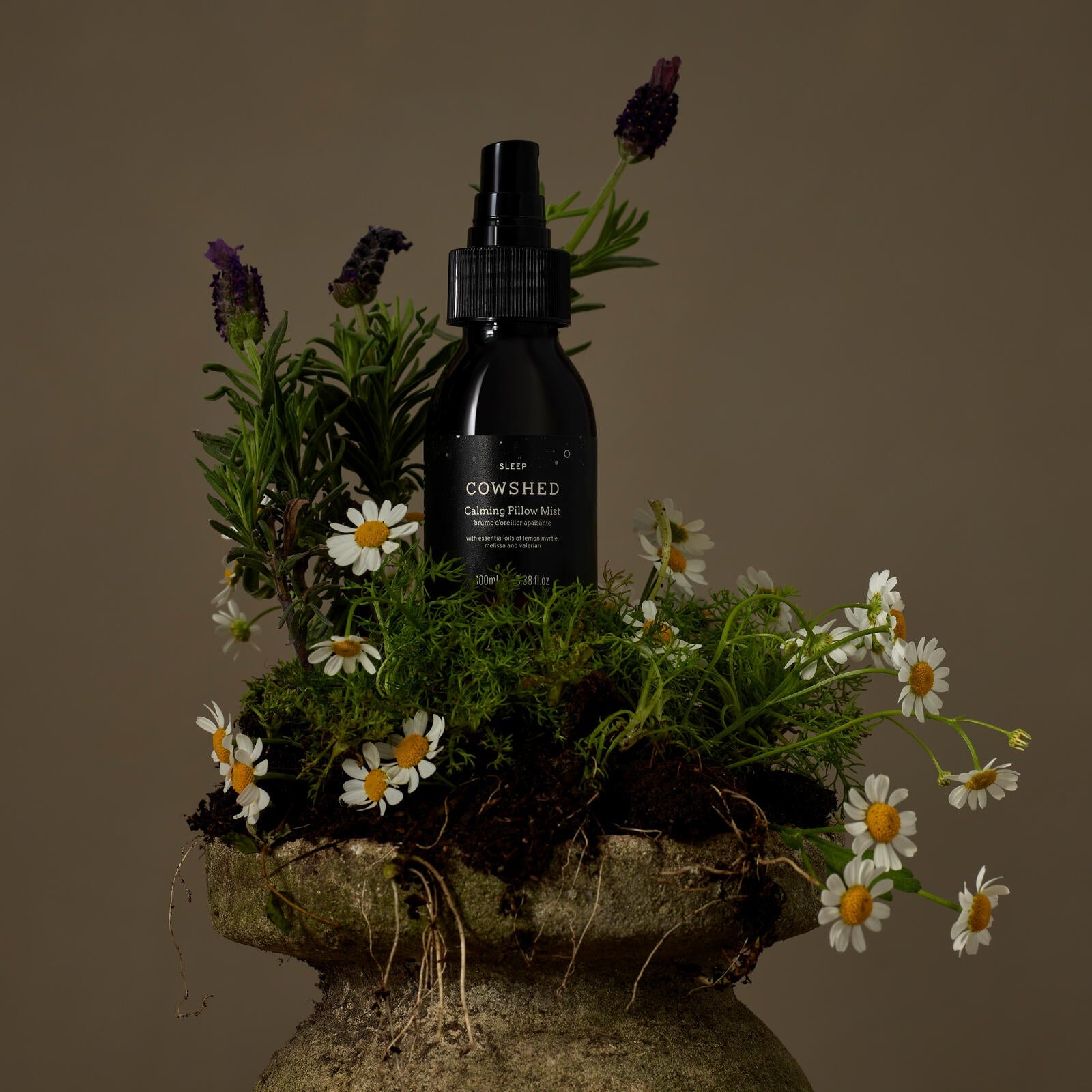 Cowshed bottle surrounded by flowers and plants on a brown background