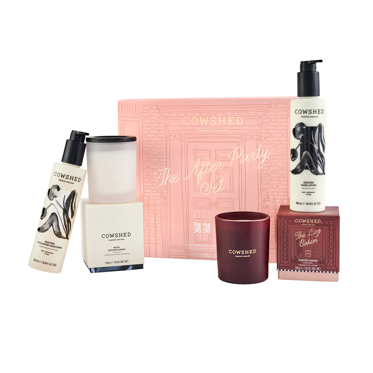 Cowshed The After Party Set featuring a pink gift box, a white hand care set a relax scented candle in a frosted jar, a dark red winter candle, and a gift box, all arranged on a white background.